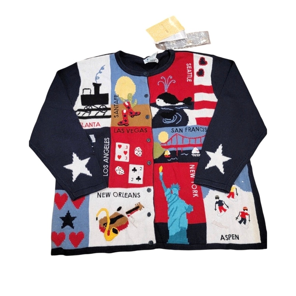 Vintage 90's USA Travel Sweater, Novelty Cardigan, 1X Blue Red Quacker Factory - Picture 2 of 11